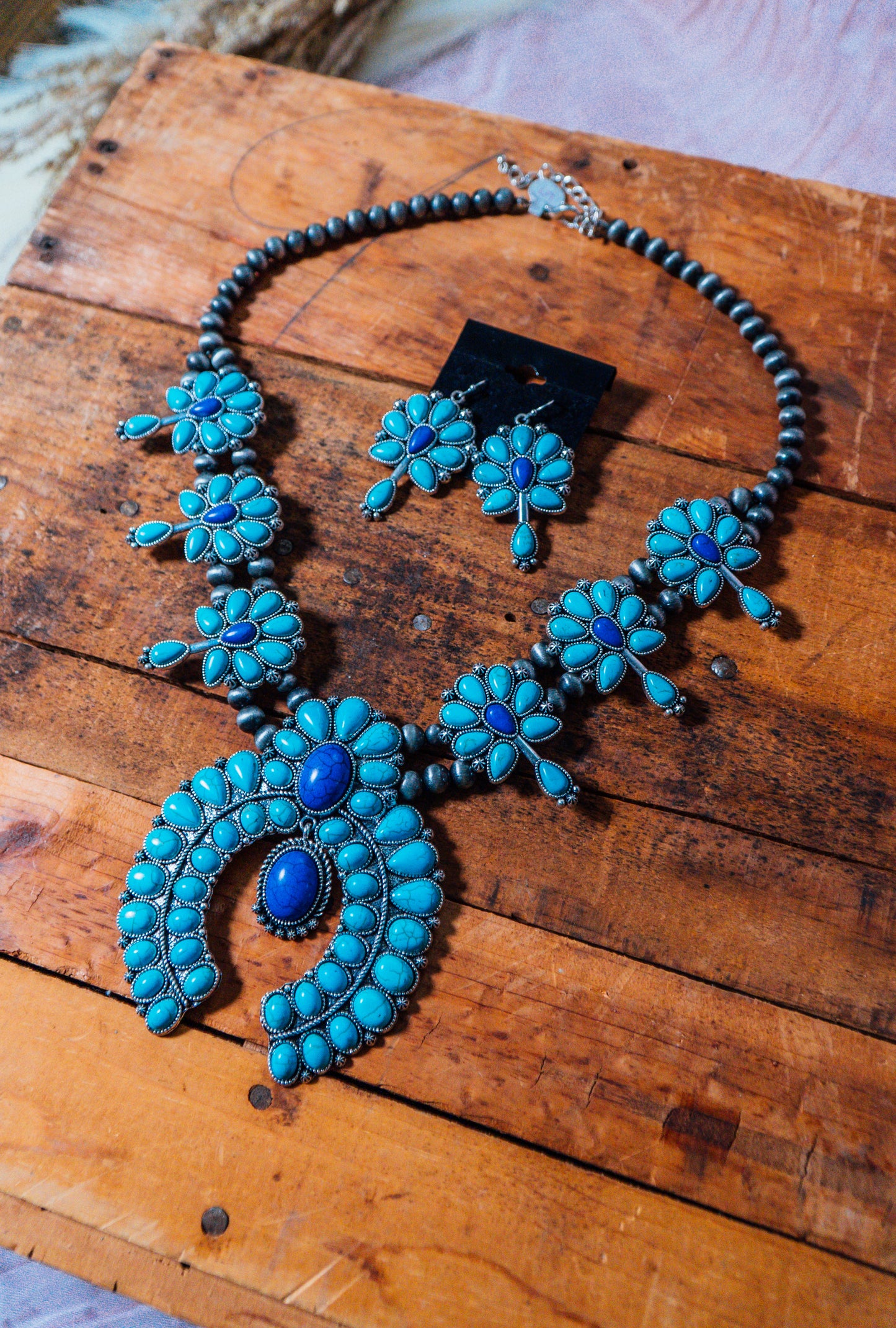 Turquoise and Blue Squash Blossom Necklace