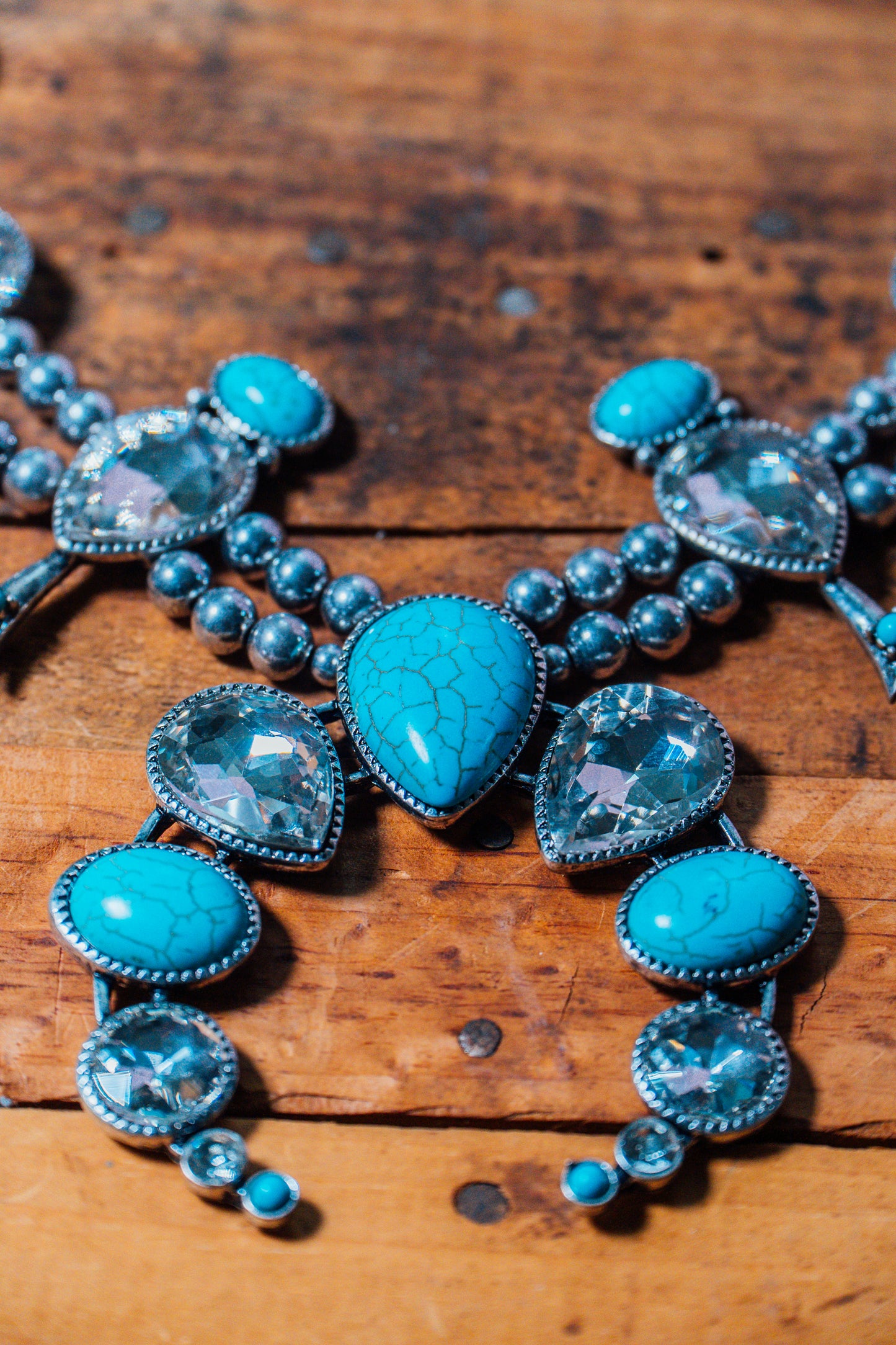 Turquoise and Crystal Squash Blossom Necklace