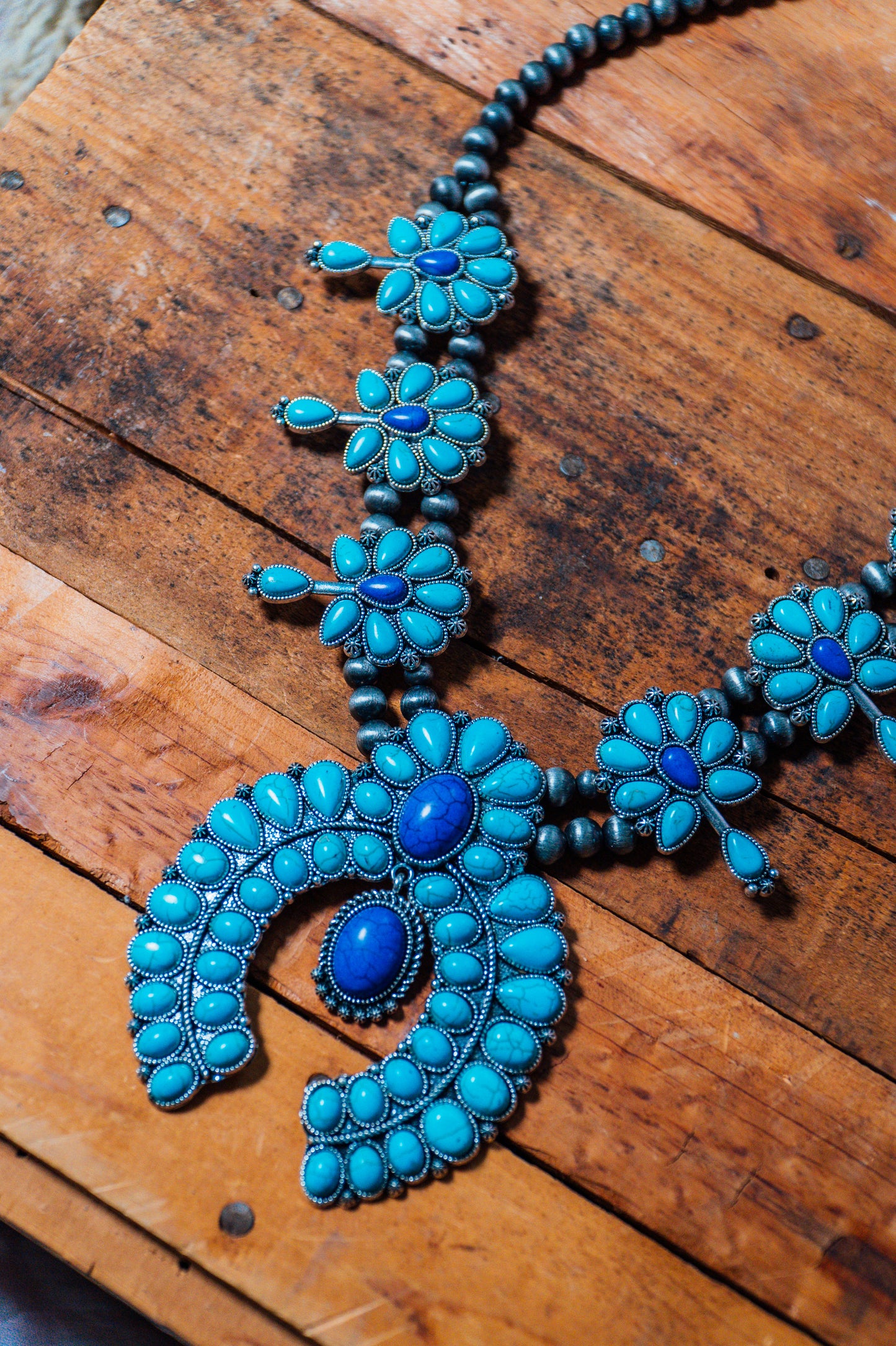 Turquoise and Blue Squash Blossom Necklace