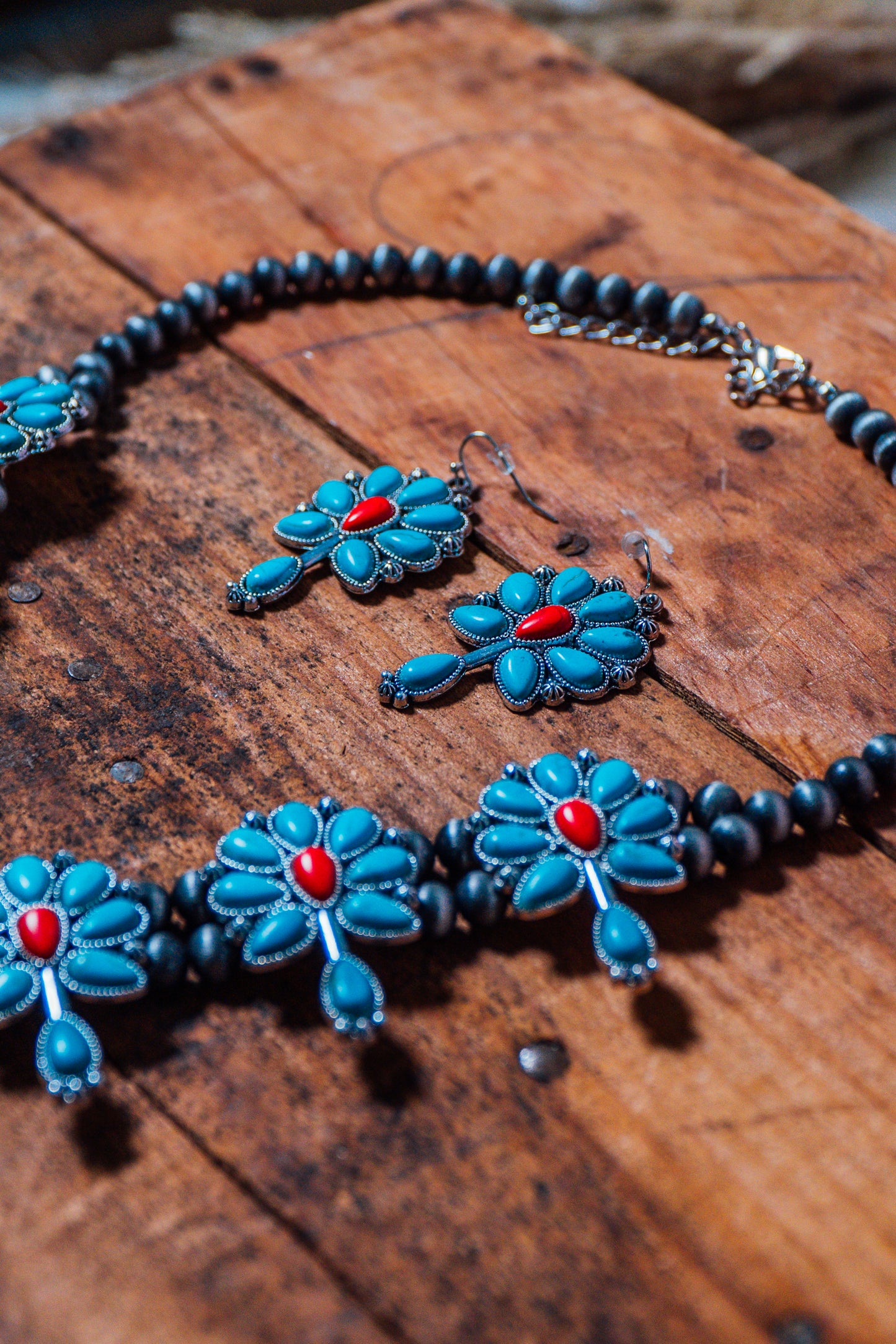 Turquoise and Red Squash Blossom Necklace