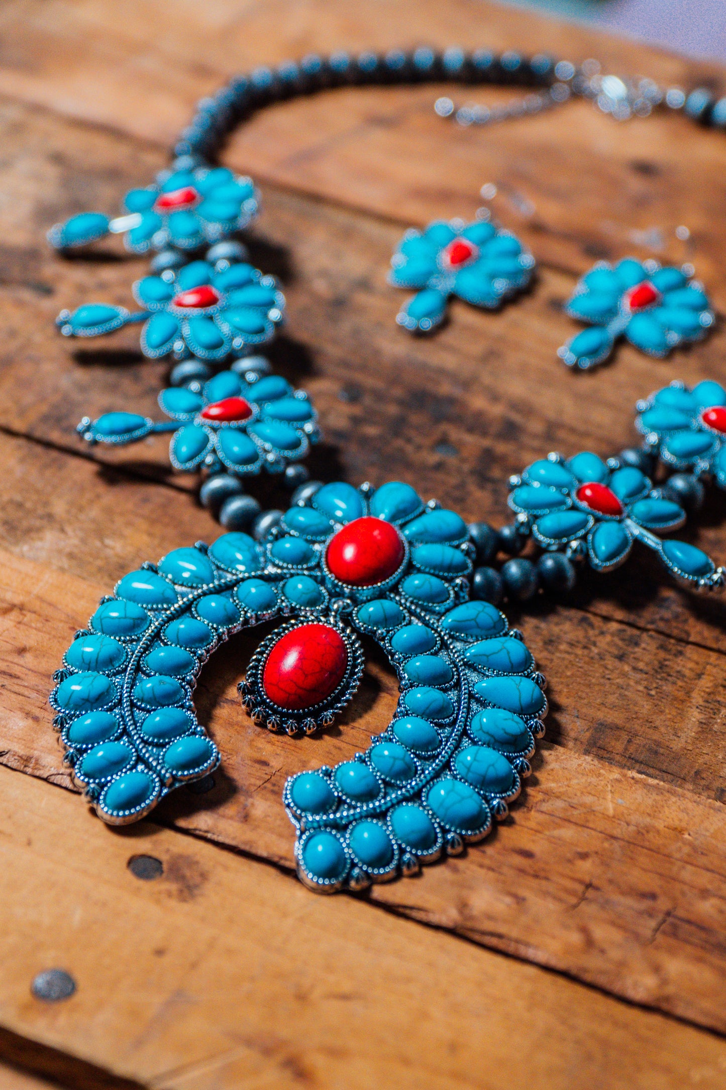 Turquoise and Red Squash Blossom Necklace