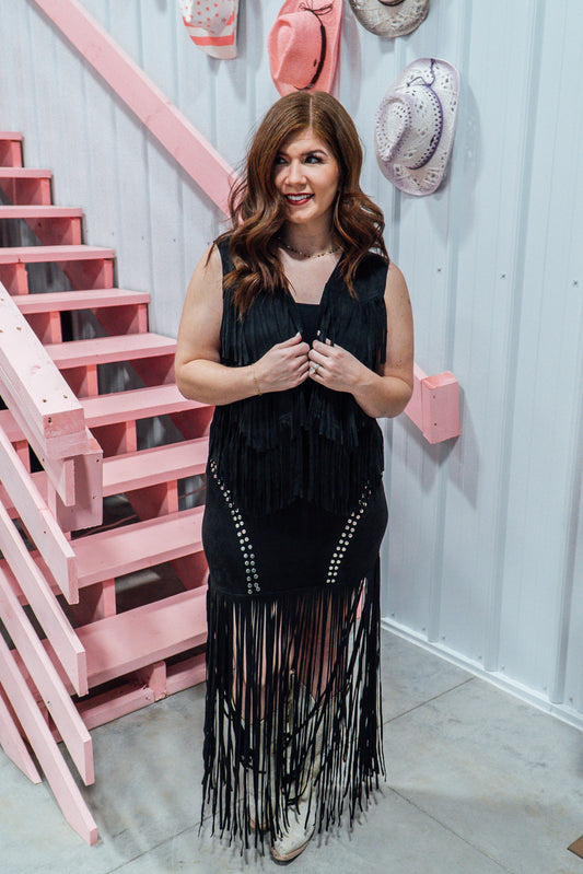 Studded Fringe Maxi Skirt