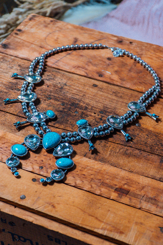 Turquoise and Crystal Squash Blossom Necklace