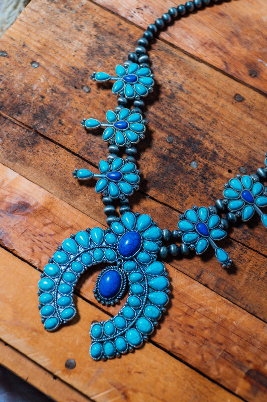 Turquoise and Blue Squash Blossom Necklace